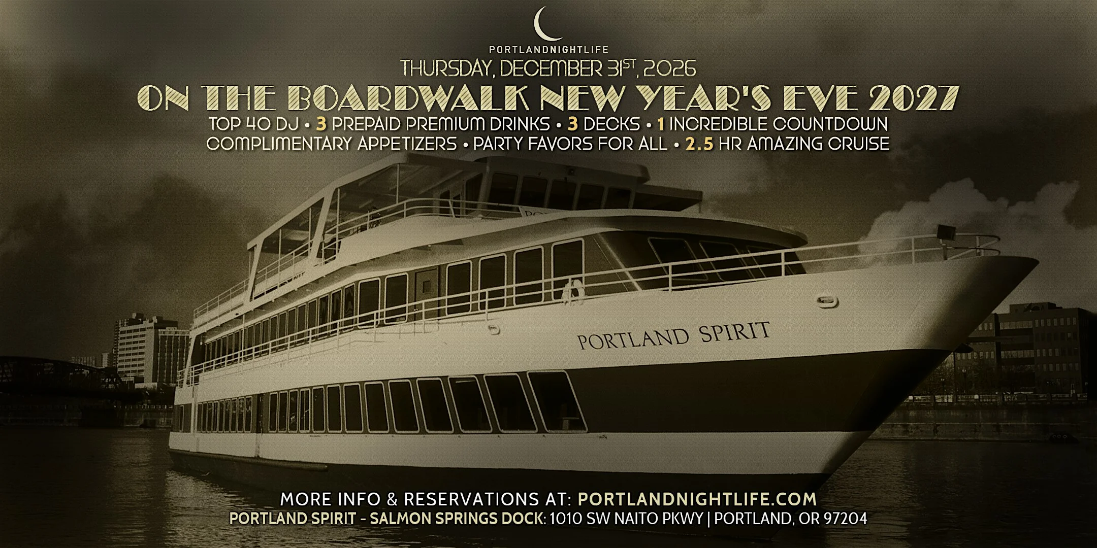 Portland New Year’s Eve Party Cruise 2027 – On the Boardwalk