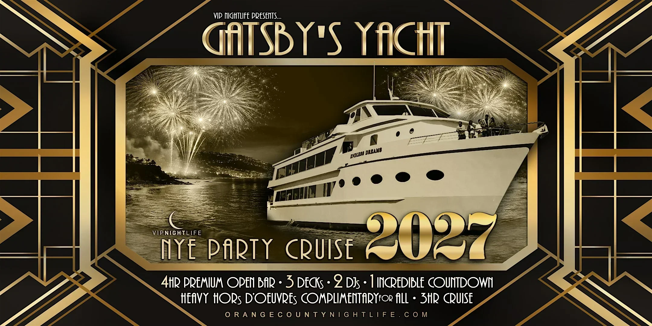 2027 Newport Beach New Year's Eve Fireworks Cruise | Gatsby's Yacht Party
